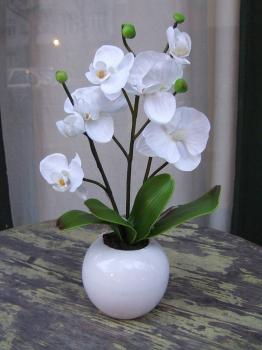 Künstliche Orchidee im runden Keramiktopf mit weißen Blüten